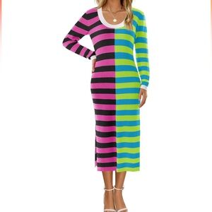 Women's Long Sleeve Striped Knitted Color Block Midi Sweater Dress, Size Large